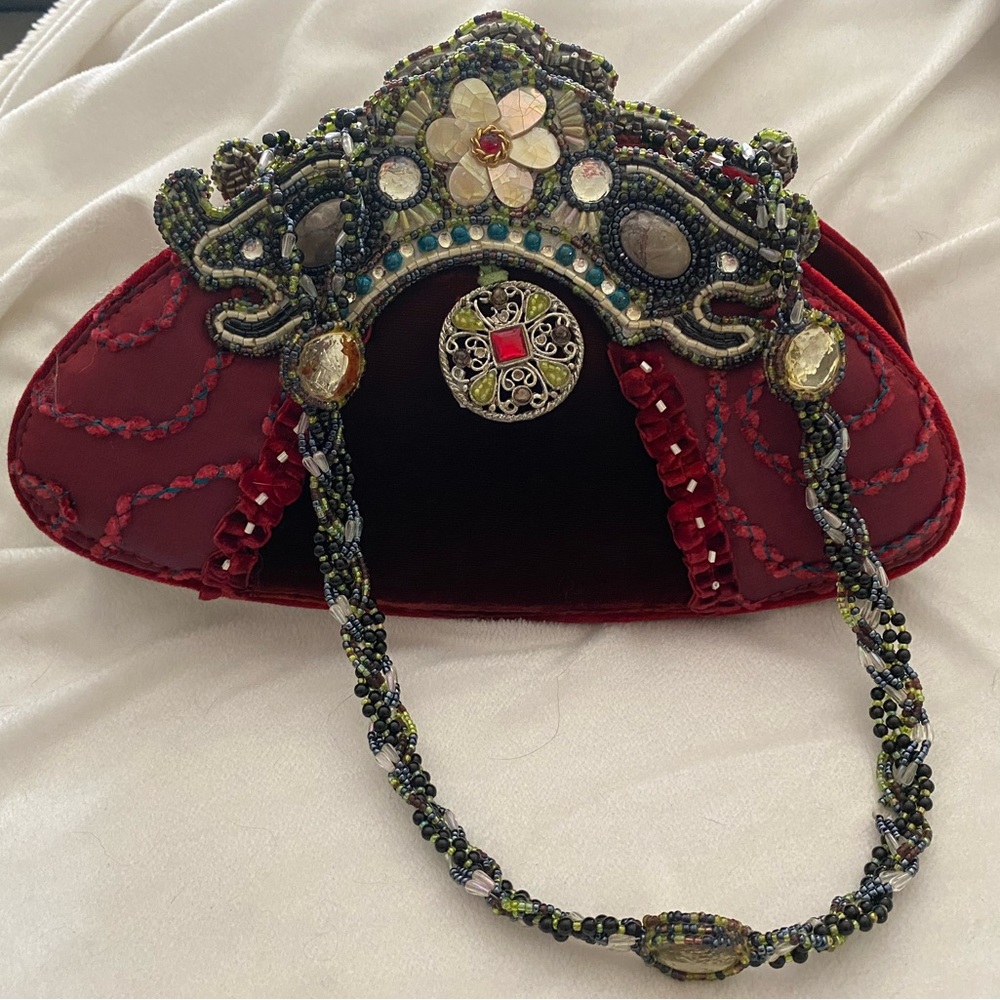 Mary Frances Handcrafted Handbag burgundy beaded. Never used.